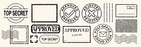 Collection of postal stamps with 'approved', 'rejected', and 'top secret' labels. Includes post office and envelope designs. Vintage stamp style. Black stamps, vector set.