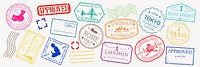 Colorful passport stamps from cities like Tokyo, Sydney, and Paris. Travel-themed stamps, approved marks, and postal designs. Vibrant travel stamps collection. Colorful travel stamps, vector set.