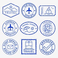 Set of blue travel stamps featuring travel themes: airplane, ship, train, and travel ticket. Includes travel icons like airmail, express delivery, and approved checkmark. Blue travel stamps, vectors.