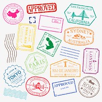 Colorful passport stamps from cities like Paris, Tokyo, and Sydney. Travel-themed stamps, approved and vibrant, showcasing global destinations and iconic landmarks. Colorful travel stamps, vector set.