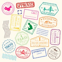 Colorful travel stamps from cities like New York, Tokyo, and Paris. Passport stamps, travel stamps, and city stamps create a vibrant travel theme. Colorful travel stamps, vector set.