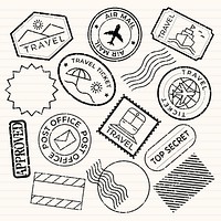 Vintage travel stamps with travel icons like planes, ships, and tickets. Travel stamps for mail and travel tickets. Travel-themed stamp designs. Black travel stamps, vector set.