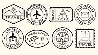 Vintage travel stamps featuring airplanes, ships, and trains. Travel icons like planes, ships, and trains highlight travel themes. Ideal for travel-themed designs. Black travel stamps, vector set.