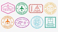 Colorful travel stamps featuring planes, ships, and trains. Travel-themed stamps in various shapes, ideal for travel enthusiasts and travel-themed projects. Colorful stamps, vector set.