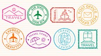 Colorful travel stamps featuring planes, ships, and trains. Travel icons like airmail, express delivery, and travel tickets in vibrant designs. Colorful stamps, vector set.