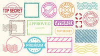 Colorful stamp collection with 'Approved,' 'Rejected,' 'Top Secret,' and 'Premium' labels. Includes postal and decorative stamps in various shapes. Colorful stamps, vector set.