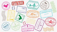 Colorful travel stamps featuring cities like Paris, Tokyo, Sydney, and Rome. Travel-themed stamps with various designs, showcasing global destinations. Colorful stamps, vector set.