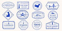 Travel stamps featuring iconic cities: New York, Tokyo, Paris, Sydney, Rome, London. Stamps show landmarks, dates, and locations. Perfect for travel-themed designs. Blue travel stamps, vector set.