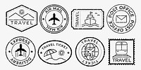 Vintage travel stamps with travel icons: airplane, ship, train. Travel-themed designs include air mail, post office, express delivery, travel ticket motifs. Black travel stamps, vector set.