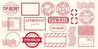 Red stamps with 'approved,' 'rejected,' 'top secret,' and 'premium' labels. Various stamp designs include postal and approval themes. Approved and top secret stamps. Red stamps, vector set.