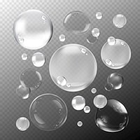 Transparent bubbles of various sizes on a checkered background. Floating bubbles create a light, airy feel. Perfect for designs needing bubbles or transparency. Soap bubble element vector set.