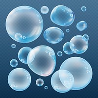 Floating translucent bubbles on a dark background. Bubbles of various sizes, bubbles with reflections, bubbles in motion. Clear, shiny bubbles creating a playful scene. Soap bubble element vector set.