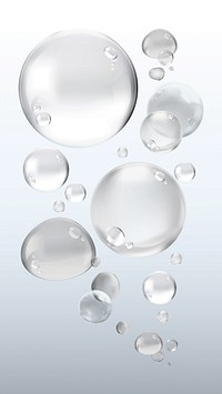 Floating bubbles in various sizes on a light background. Transparent bubbles, shiny bubbles, and floating bubbles create a calming, airy atmosphere. Soap bubble element vector set.