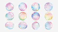 Colorful iridescent bubbles in pastel hues. Shiny bubbles with rainbow reflections. Twelve bubbles, each with unique colors and patterns. Iridescent and colorful. Soap bubble element vector set.