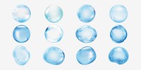 Twelve glossy, transparent blue bubbles on a white background. Bubbles vary in size and shape, creating a playful and dynamic visual effect with blue bubbles. Soap bubble element vector set.