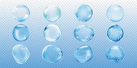 Set of transparent water droplets on a gradient background. Water droplets appear glossy and realistic. Perfect for designs needing water effects. Soap bubble element vector set.