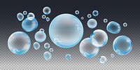 Transparent bubbles of various sizes on a dark background. Floating bubbles create a light, airy feel. Bubbles add a playful, whimsical touch. Soap bubble element vector set.