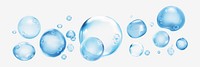 Floating blue bubbles of various sizes on a white background. Bubbles appear shiny and translucent. Bubbles create a light, airy feel. Bubbles scattered randomly. Soap bubble element vector set.