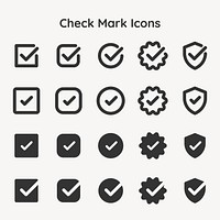 Set of check mark icons in various styles. Includes check marks in boxes, circles, and shields. Simple check mark designs for multiple uses. Vector element set.