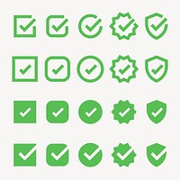 Set of green check mark icons in various shapes: circles, squares, stars, and shields. Green check marks indicate approval, success, and confirmation. Vector element set.