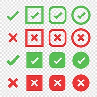 Set of green check marks and red crosses in various styles. Green check marks and red crosses are used for approval and rejection. Transparent background. Vector element set.