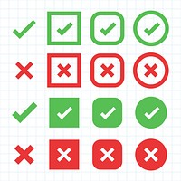 Grid of check marks and crosses in green and red. Check marks indicate approval. Crosses show disapproval. Symbols on graph paper background. Vector element set.