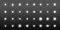 Set of glowing starbursts and light flares on a transparent background. Starbursts and flares in various shapes and sizes. Perfect for design and decoration. Overlay effect vector element set.