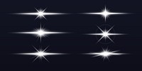 Set of six bright starburst light effects on a dark background. Starburst designs vary in shape and intensity, perfect for adding sparkle and shine. Overlay effect vector element set.