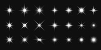 Collection of white starburst light effects on a black background. Starburst patterns vary in size and intensity. Perfect for design and decoration projects. Overlay effect vector element set.