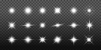 Set of bright starburst effects on transparent background. Starburst designs vary in intensity and shape. Perfect for digital design and graphic projects. Overlay effect vector element set.