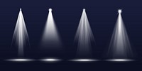 Set of four bright spotlights on a dark background. Spotlights shining in a row. Each spotlight creates a focused beam of light. Dramatic spotlight effect. Overlay effect vector element set.