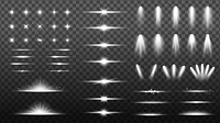 Collection of bright light effects, including stars, beams, and spotlights. Light effects on transparent background. Ideal for design projects needing light effects. Overlay effect vector element set.