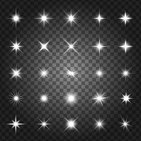 A collection of 25 glowing starburst effects on a transparent background. Each starburst is unique, adding sparkle and shine to designs. Perfect for digital art. Overlay effect vector element set.