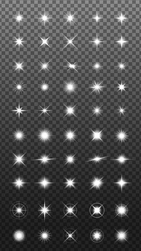 A collection of 50 bright starburst light effects on a transparent background. Various starburst designs create a dazzling light effect for design projects. Overlay effect vector element set.