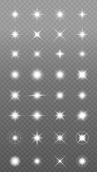 A collection of glowing starburst effects on a transparent background. Various starburst designs, glowing with light, perfect for enhancing visual projects. Overlay effect vector element set.