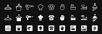 Set of icons: hanger, hairdryer, chef hat, hand, bathtub, phone, food. Repeated icons: hanger, hairdryer, chef hat, hand, bathtub, phone, food. Black background. User interface icon vector set.