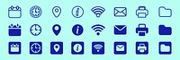 Set of blue icons on a light background. Includes calendar, clock, location, info, Wi-Fi, email, printer, folder. Icons for apps, web, design. Simple, blue, functional. User interface icon vector set.