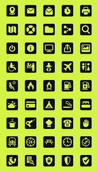 Set of 48 black icons on green background. Icons include mail, search, airplane, and more. Simple and clear icons for various applications. User interface icon vector set.