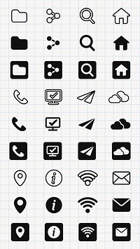 Set of black and white icons featuring folders, phones, computers, and clouds. Icons include folders, phones, and computers. Simple, minimalistic icons. User interface icon vector set.