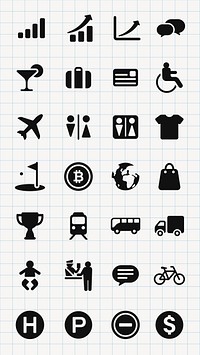 Grid of icons: business, travel, finance, communication. Includes charts, airplane, credit card, bus, shopping, trophy, and more. Icons for business and travel. User interface icon vector set.