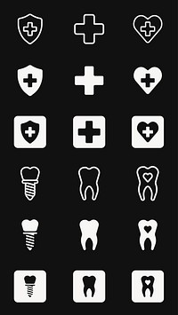 Dental and medical icons: teeth, cross, shield, heart. Icons for dental care, medical aid, health. Teeth and cross symbols for health, dental, medical themes. User interface icon vector set.