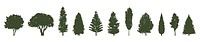 Silhouettes of various tree types, including pine, oak, and fir. Tree silhouettes in a row, showcasing diverse tree shapes and sizes. Nature and tree diversity. Silhouette forest elements, vector set.