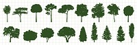 Silhouettes of various tree types on a grid background. Includes deciduous and coniferous trees. Tree silhouettes in green. Diverse tree shapes and sizes. Silhouette forest elements, vector set.