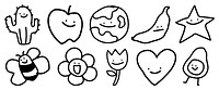 Cute doodles of smiling objects: cactus, apple, earth, banana, star, bee, flower, tulip, heart, avocado. Fun, simple, happy designs for all ages. Cute doodle icons vector set.