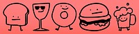 Playful food icons: bread, wine, donut, burger, beer. Cartoon style food: bread, wine, donut, burger, beer. Fun food icons: bread, wine, donut, burger, beer. Cute doodle icons vector set.