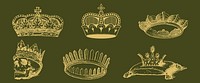 Vintage crown illustrations on a green background. Various crown designs, including ornate and simple styles. Royalty and regal themes in crown sketches. Vintage elements vector set.