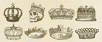 Vintage illustration of crowns and a skull. Crowns vary in style, featuring ornate designs. Skull with a crown adds a unique, historical touch. Vintage, ornate, historical. Vintage elements vector set