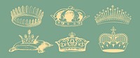 Vintage crown illustrations in various styles. Decorative crowns, ornate designs, royal crowns, and elegant tiaras on a green background. Vintage elements vector set.