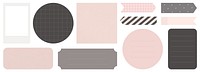 Assorted pastel and dark labels in various shapes: circles, rectangles, and arrows. Perfect for scrapbooking, journaling, and crafts. Labels in soft pink and gray. Memo element vector set.