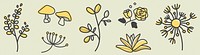 Whimsical floral and mushroom illustrations in yellow and gray. Playful flowers and mushrooms with delicate leaves. Botanical art with flowers and mushrooms. Floral line art vector set.